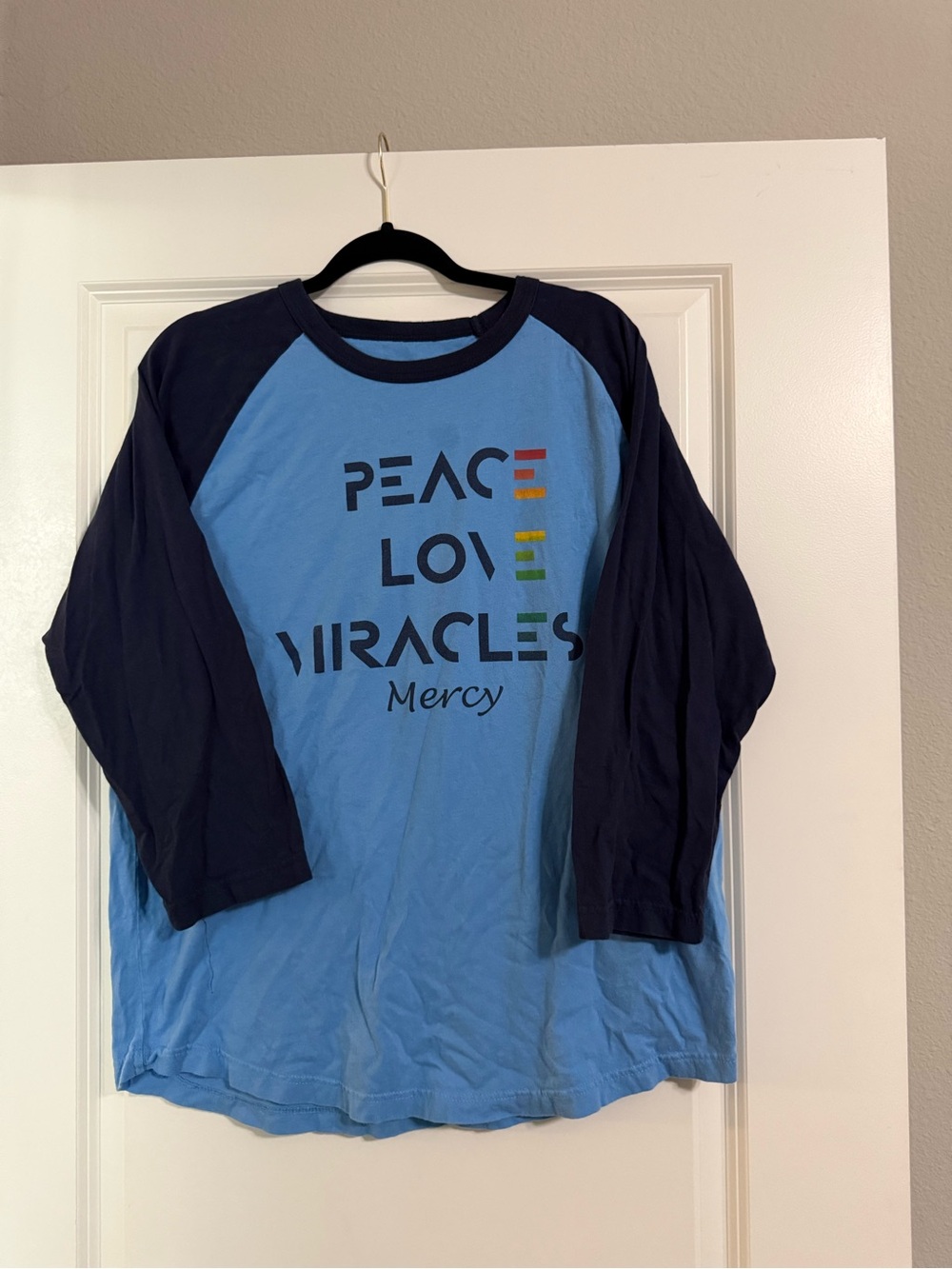 Peace Love Miracles Mercy Raglan Tee - Blue & Navy